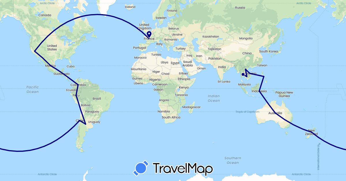 TravelMap itinerary: driving in Argentina, Australia, Chile, Colombia, France, Indonesia, Laos, New Zealand, Philippines, Thailand, United States (Asia, Europe, North America, Oceania, South America)
